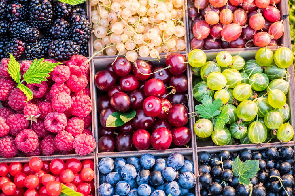 Colorful Berries in a Wooden Box jigsaw puzzle in Fruits & Veggies puzzles on TheJigsawPuzzles.com