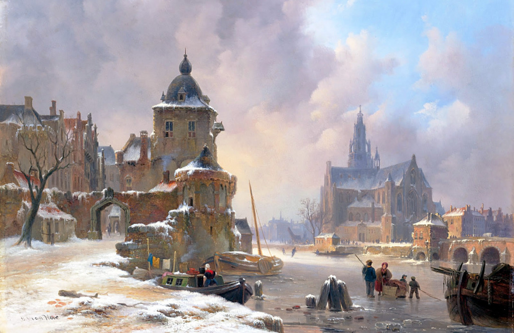 Winter Cityscape with Frozen River jigsaw puzzle in Piece of Art puzzles on TheJigsawPuzzles.com