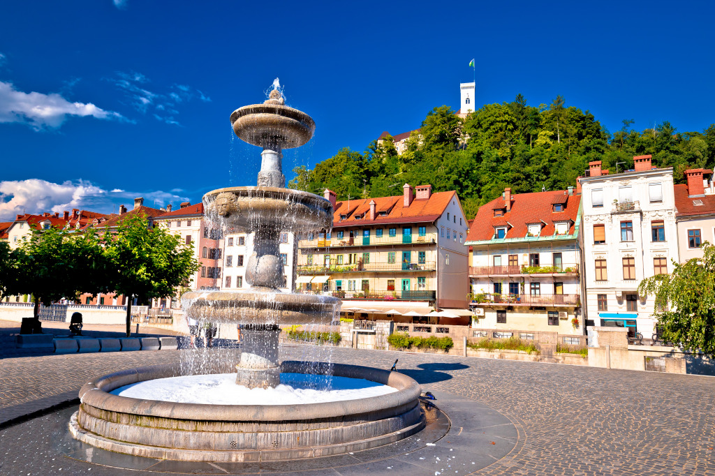 Ljubljana Fountain and Castle, Slovenia jigsaw puzzle in Waterfalls puzzles on TheJigsawPuzzles.com