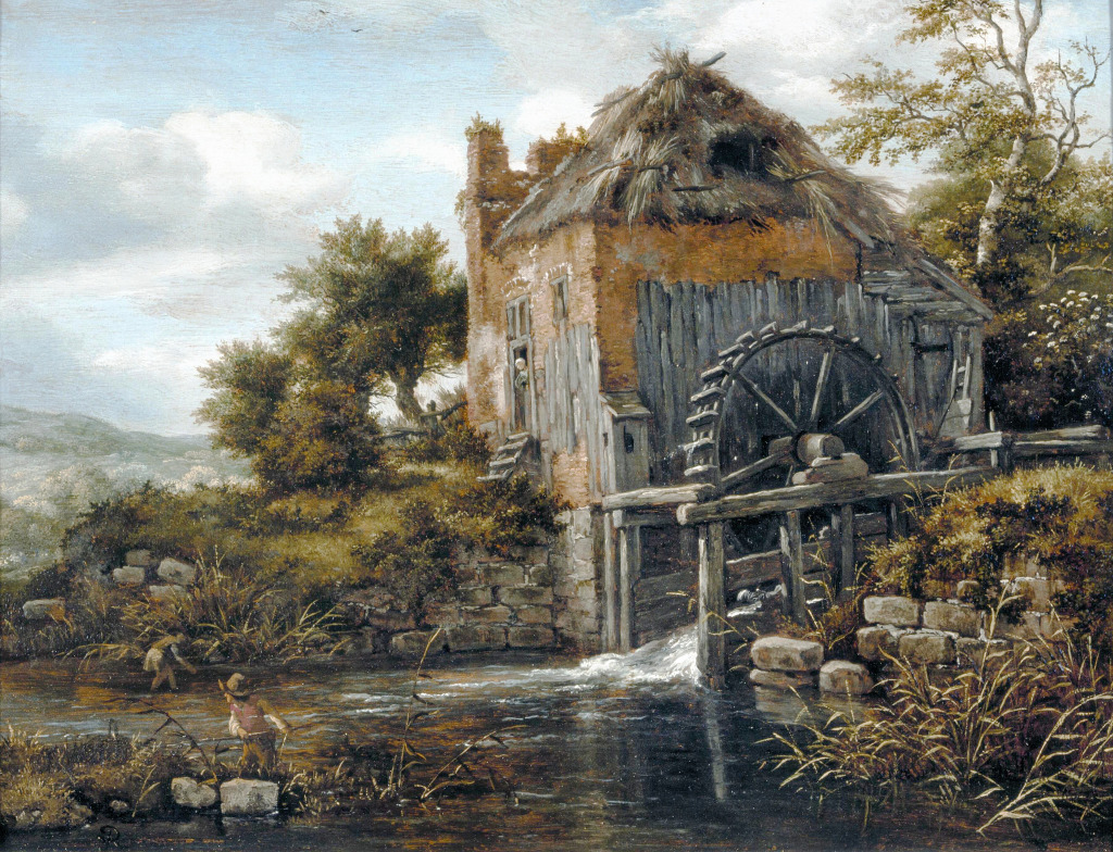 A Thatch-Roofed House with a Water Mill jigsaw puzzle in Waterfalls puzzles on TheJigsawPuzzles.com