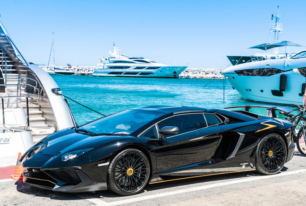 Lamborghini Aventador in Puerto Banus, Spain jigsaw puzzle in Cars & Bikes puzzles on TheJigsawPuzzles.com