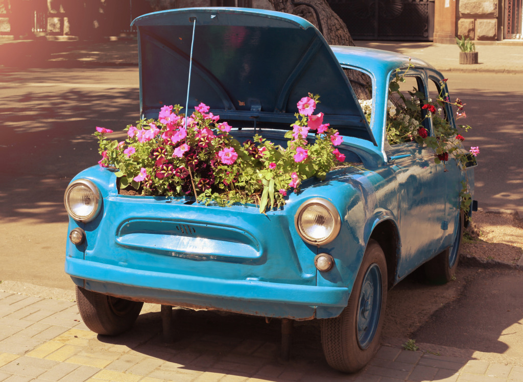 Retro Car with Flowers jigsaw puzzle in Flowers puzzles on TheJigsawPuzzles.com