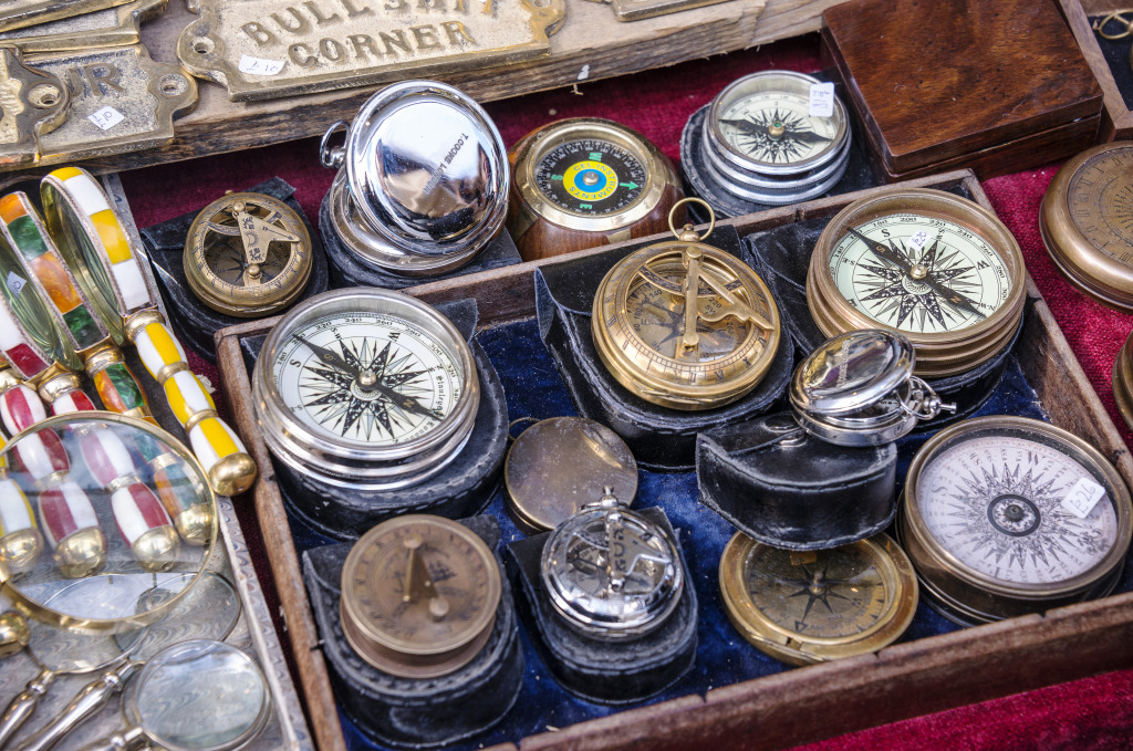 Antique Compasses in a London Shop jigsaw puzzle in Macro puzzles on TheJigsawPuzzles.com