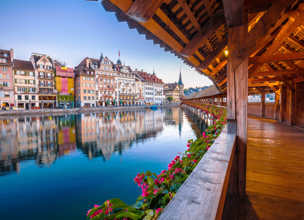 Kappelbrucke Wooden Bridge in Lucerne jigsaw puzzle in Puzzle of the Day puzzles on TheJigsawPuzzles.com