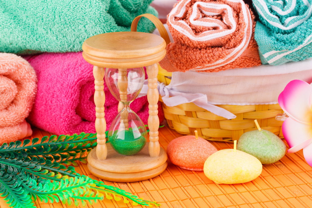 Spa Towels, Candles and Hourglass jigsaw puzzle in Macro puzzles on TheJigsawPuzzles.com