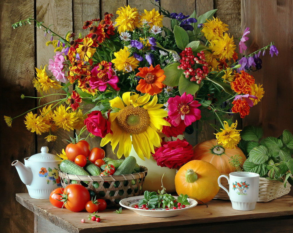 Still Life with Flowers and Vegetables jigsaw puzzle in Fruits & Veggies puzzles on TheJigsawPuzzles.com