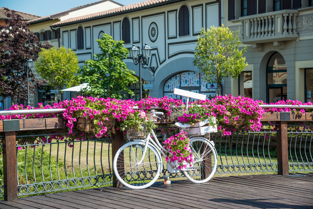 White Bike on a Wooden Bridge jigsaw puzzle in Flowers puzzles on TheJigsawPuzzles.com