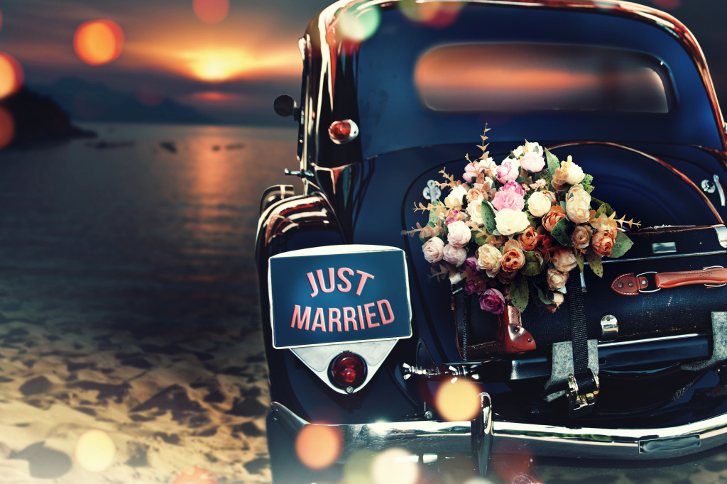 Retro Wedding Car jigsaw puzzle in Valentine's Day puzzles on TheJigsawPuzzles.com