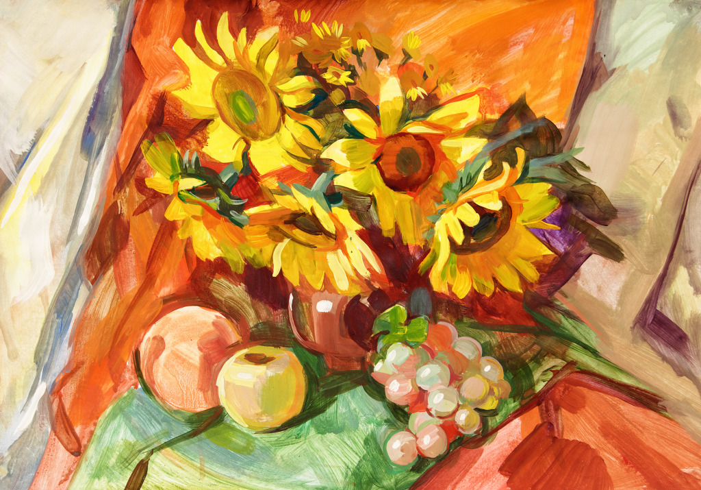 Still Life with Fruits and Sunflowers jigsaw puzzle in Fruits & Veggies puzzles on TheJigsawPuzzles.com