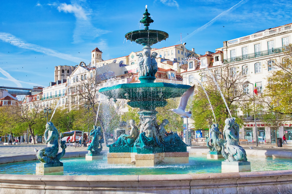 Rossio Square Fountain, Lisbon, Portugal jigsaw puzzle in Waterfalls puzzles on TheJigsawPuzzles.com
