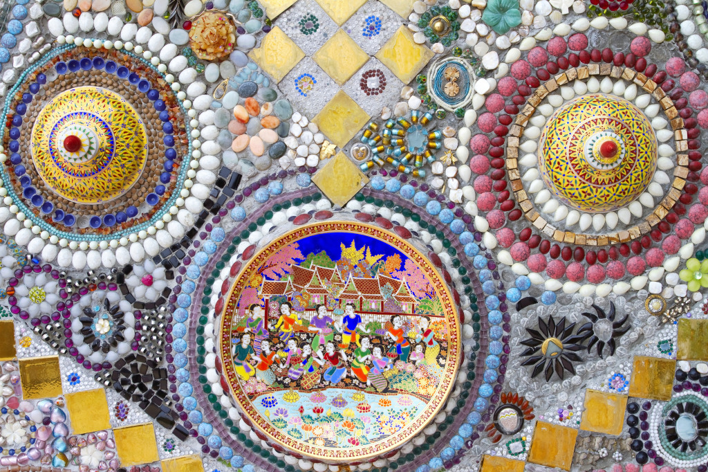 Mosaic on a Thai Temple Wall jigsaw puzzle in Handmade puzzles on TheJigsawPuzzles.com