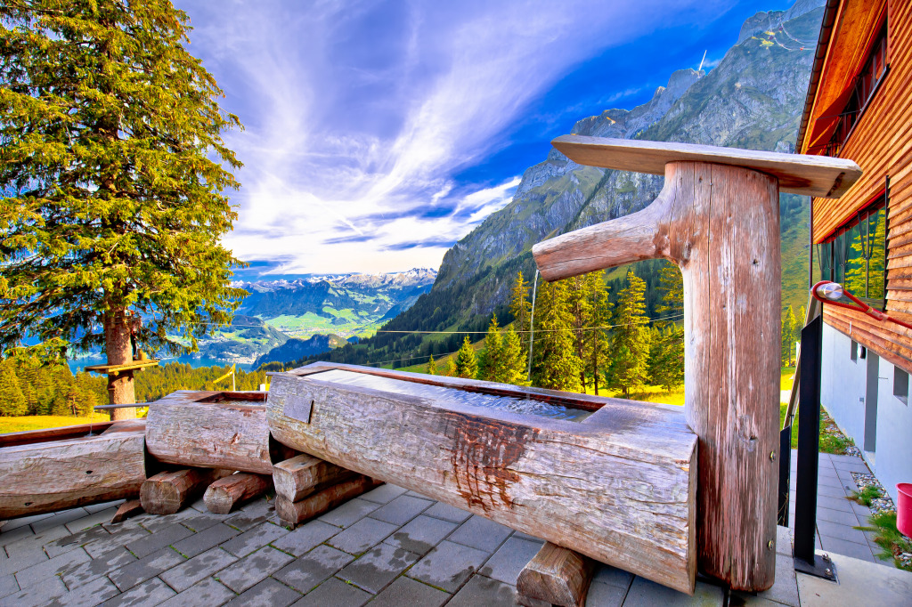 Wooden Fountain, Village in the Swiss Alps jigsaw puzzle in Waterfalls puzzles on TheJigsawPuzzles.com