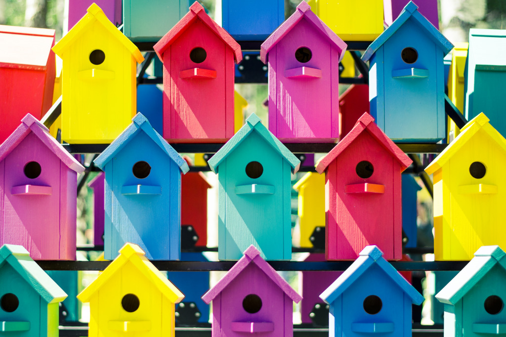 Colorful Birdhouses jigsaw puzzle in Puzzle of the Day puzzles on TheJigsawPuzzles.com