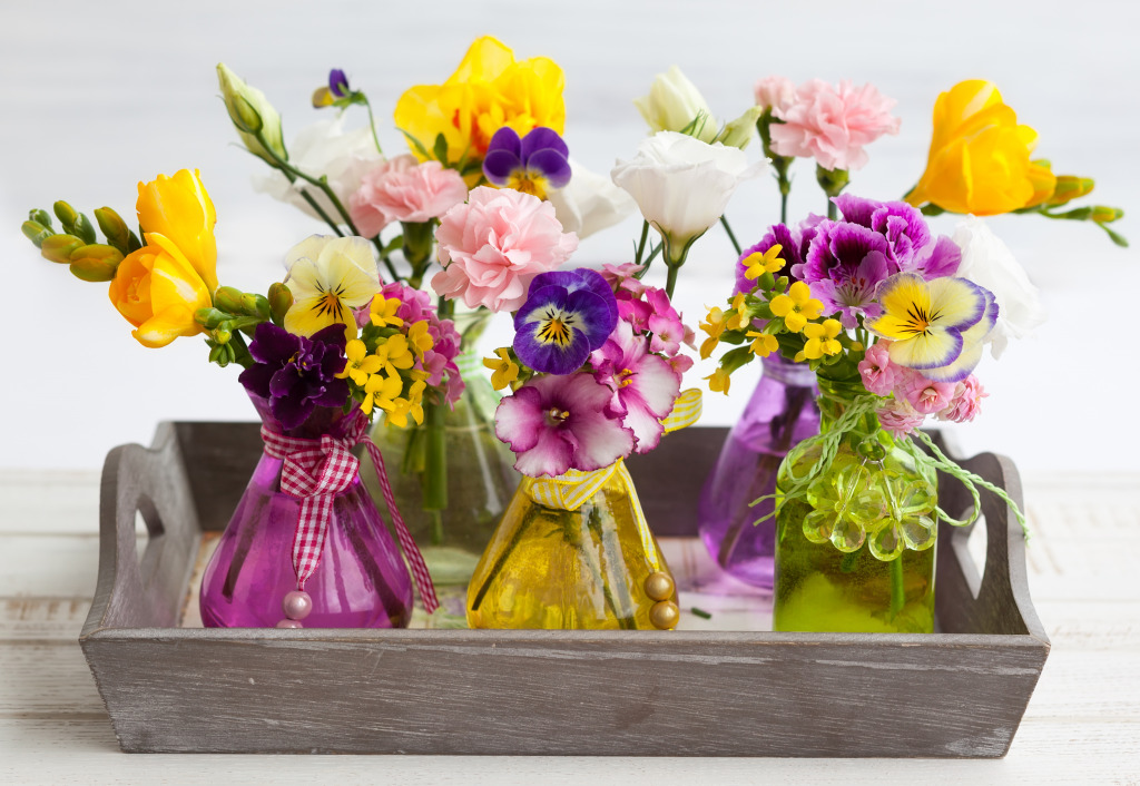 Fresh Flowers in Glass Bottles jigsaw puzzle in Flowers puzzles on TheJigsawPuzzles.com