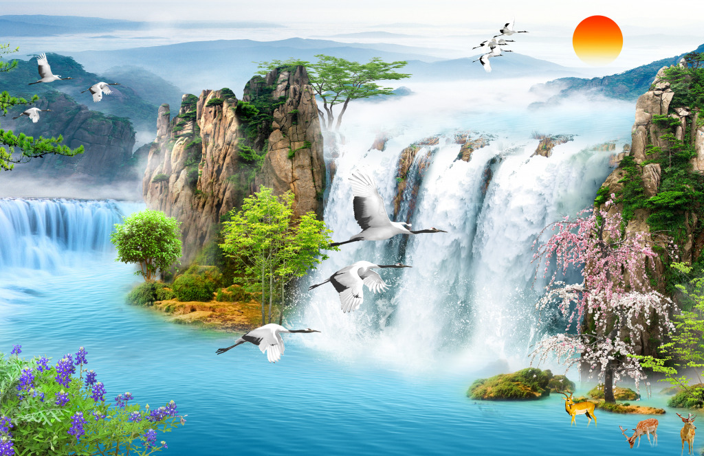 Oriental Landscape with a Waterfall jigsaw puzzle in Waterfalls puzzles on TheJigsawPuzzles.com