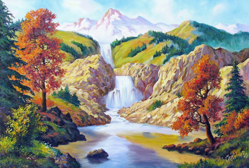 Autumn Landscape with a Waterfall jigsaw puzzle in Waterfalls puzzles on TheJigsawPuzzles.com