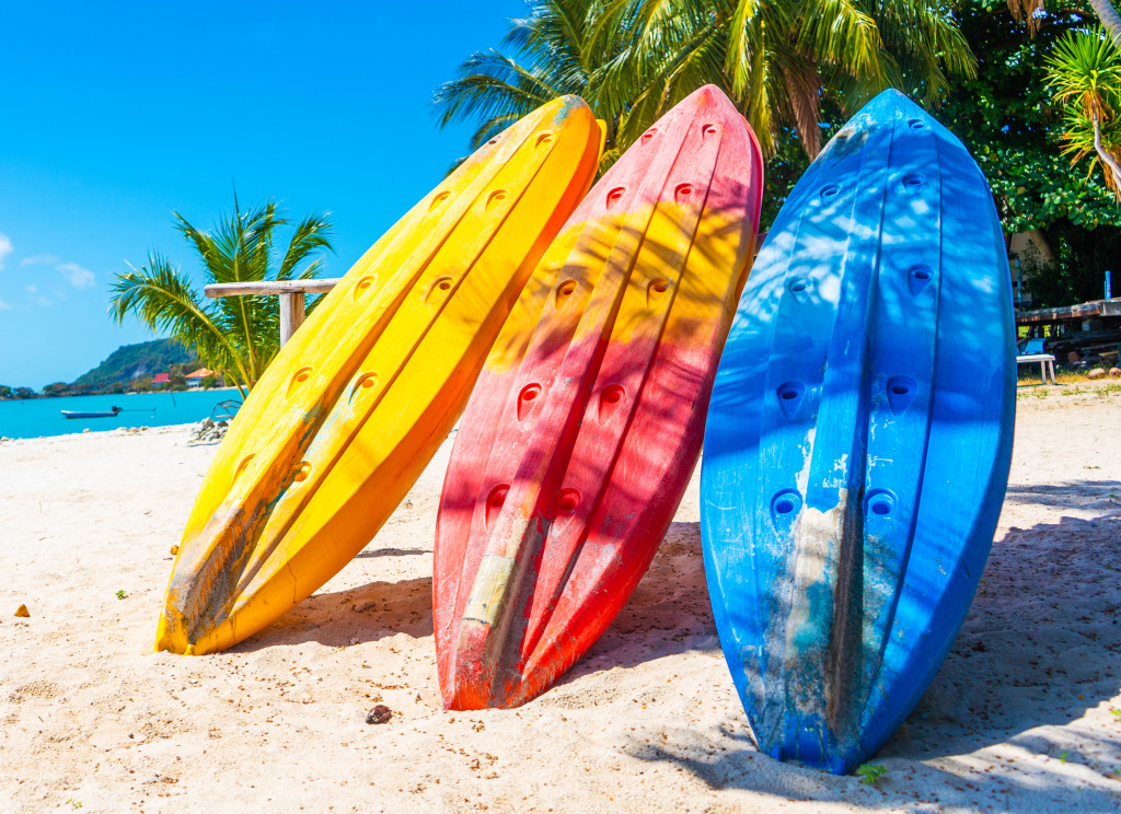 Kayaks on a Tropical Sandy Beach jigsaw puzzle in Puzzle of the Day puzzles on TheJigsawPuzzles.com