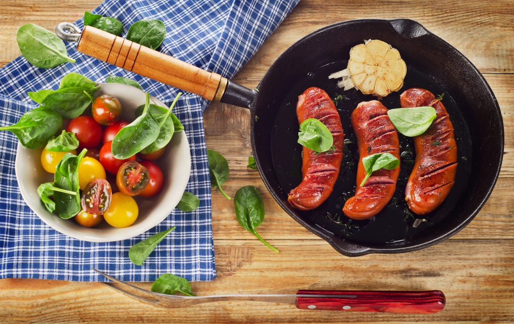 Fried Sausages in a Pan jigsaw puzzle in Food & Bakery puzzles on TheJigsawPuzzles.com