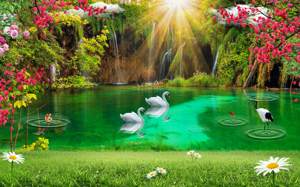 Lake Landscape with a Waterfall jigsaw puzzle in Waterfalls puzzles on TheJigsawPuzzles.com