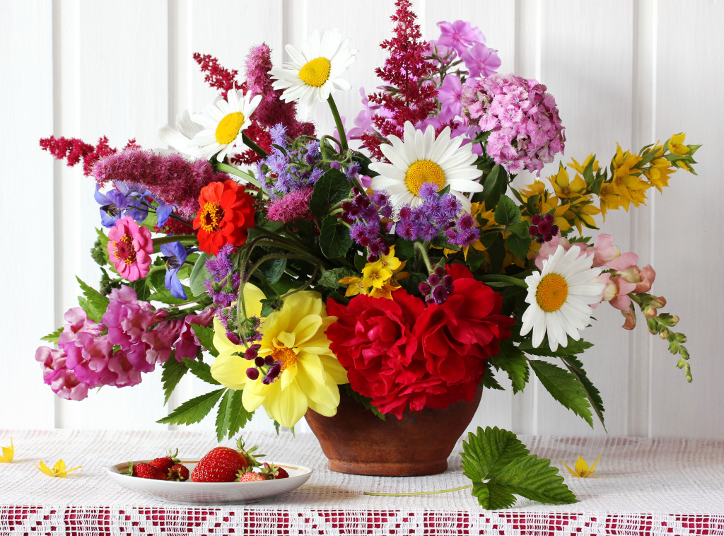 Garden Flowers in a Clay Jug jigsaw puzzle in Puzzle of the Day puzzles on TheJigsawPuzzles.com