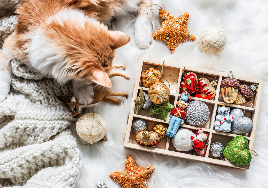 Red Kitten with a Box of Christmas Decorations jigsaw puzzle in Puzzle of the Day puzzles on TheJigsawPuzzles.com