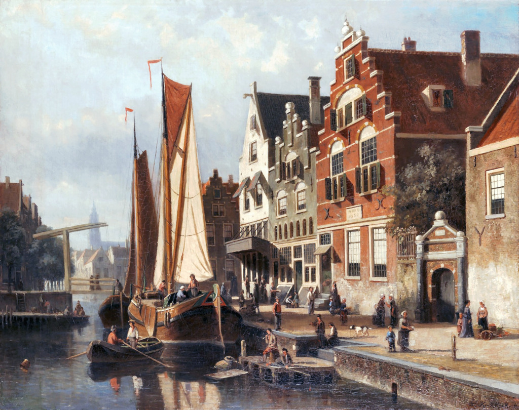 Dutch Canal Scene with Barge Unloading jigsaw puzzle in Piece of Art puzzles on TheJigsawPuzzles.com