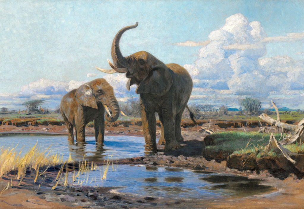 Elephants at a Waterhole jigsaw puzzle in Piece of Art puzzles on TheJigsawPuzzles.com