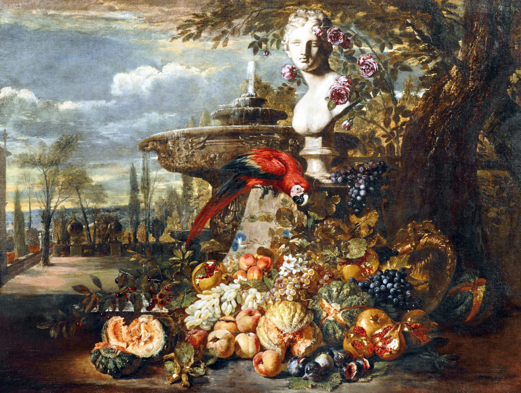 Parrot and Fruits in an Italianate Park jigsaw puzzle in Fruits & Veggies puzzles on TheJigsawPuzzles.com