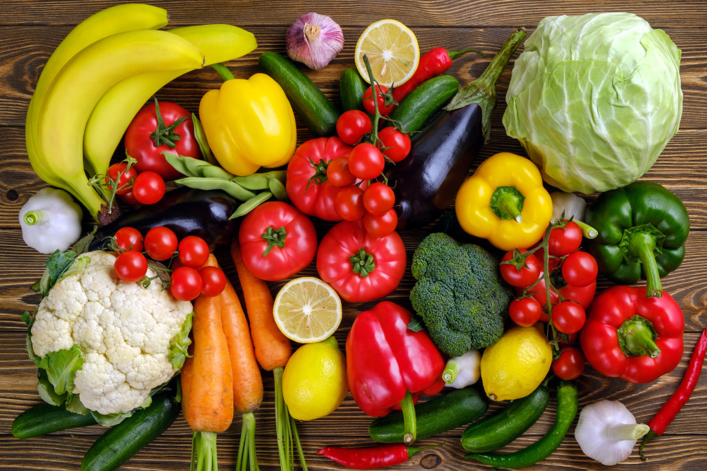 Vegetables and Fruits on a Wooden Table jigsaw puzzle in Fruits & Veggies puzzles on TheJigsawPuzzles.com