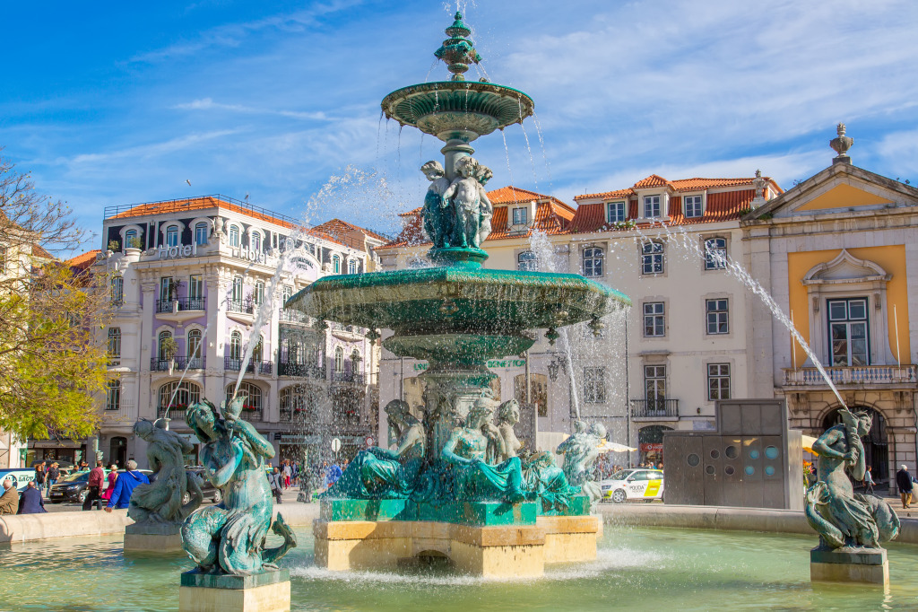 Rossio Square Fountain, Lisbon, Portugal jigsaw puzzle in Waterfalls puzzles on TheJigsawPuzzles.com