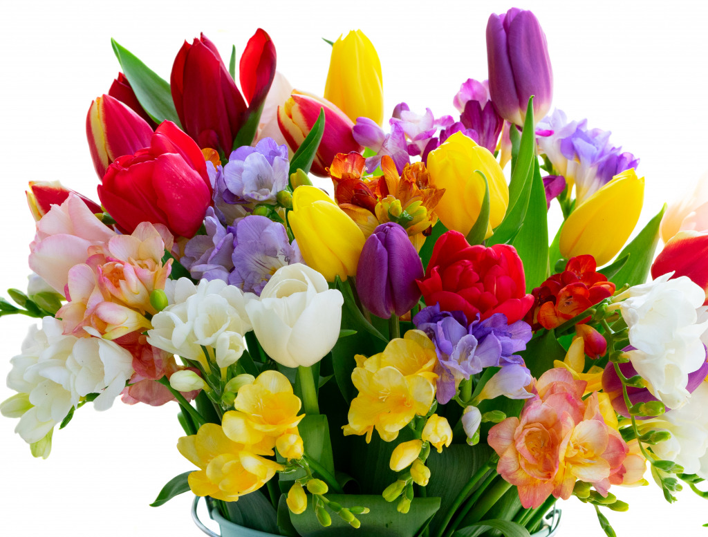 Easter Bouquet of Tulips and Freesias jigsaw puzzle in Flowers puzzles on TheJigsawPuzzles.com
