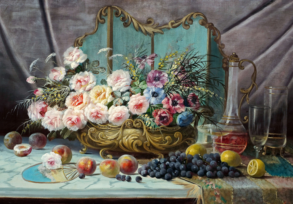 Still Life of Flowers and Fruit jigsaw puzzle in Flowers puzzles on TheJigsawPuzzles.com