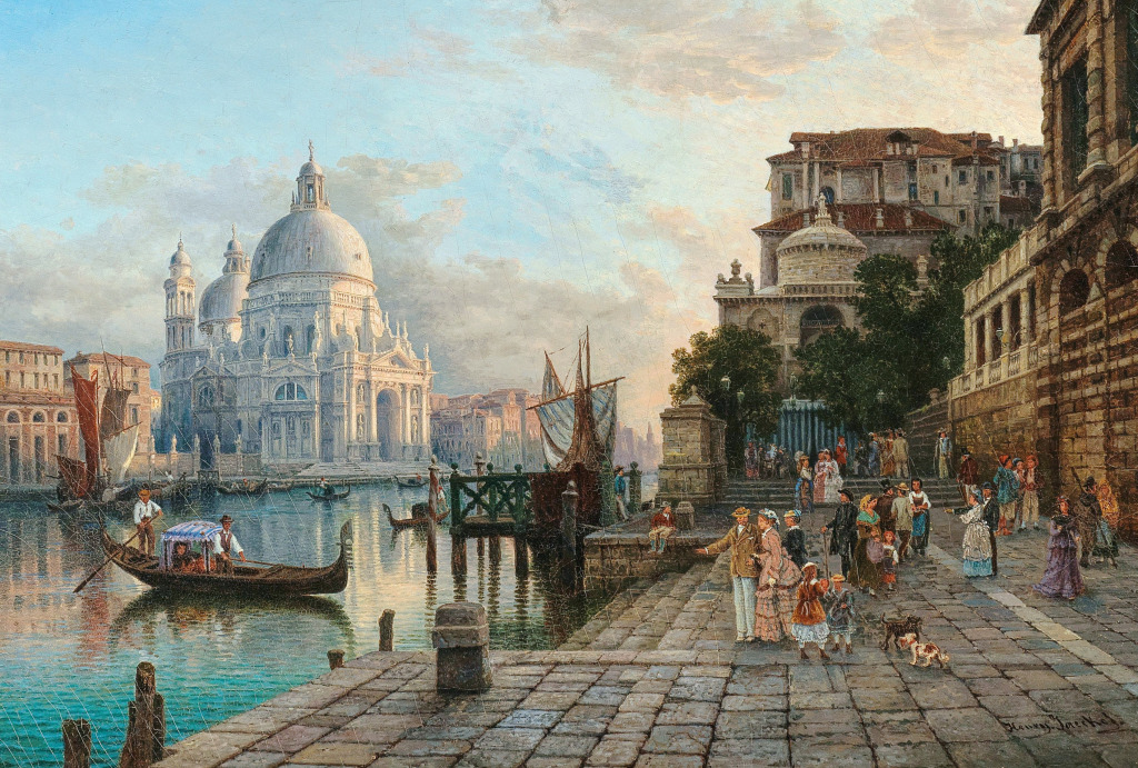 Venice, Cafe Giardina with Santa Maria della Salute jigsaw puzzle in Piece of Art puzzles on TheJigsawPuzzles.com