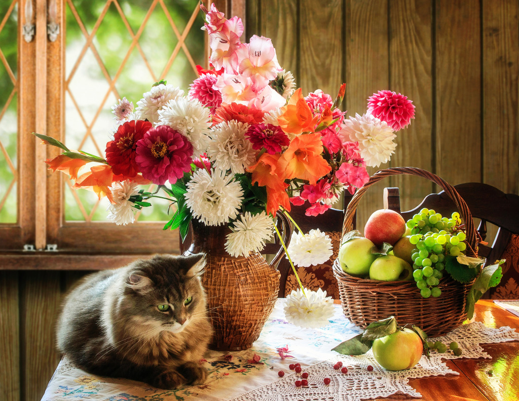 Still Life with a Cute Kitten jigsaw puzzle in Fruits & Veggies puzzles on TheJigsawPuzzles.com
