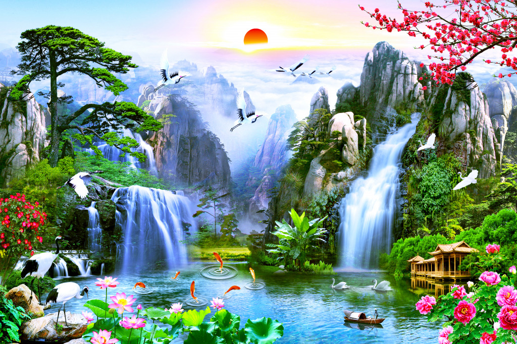 Collage with a Waterfall at Sunset jigsaw puzzle in Waterfalls puzzles on TheJigsawPuzzles.com