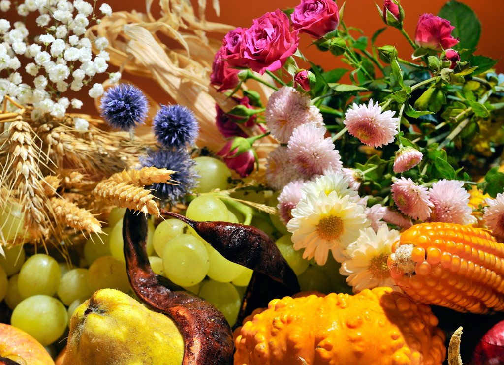 Still Life Arrangement with Flowers and Vegetables jigsaw puzzle in Flowers puzzles on TheJigsawPuzzles.com