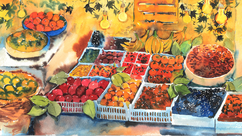 Fruit Market Watercolor jigsaw puzzle in Fruits & Veggies puzzles on TheJigsawPuzzles.com
