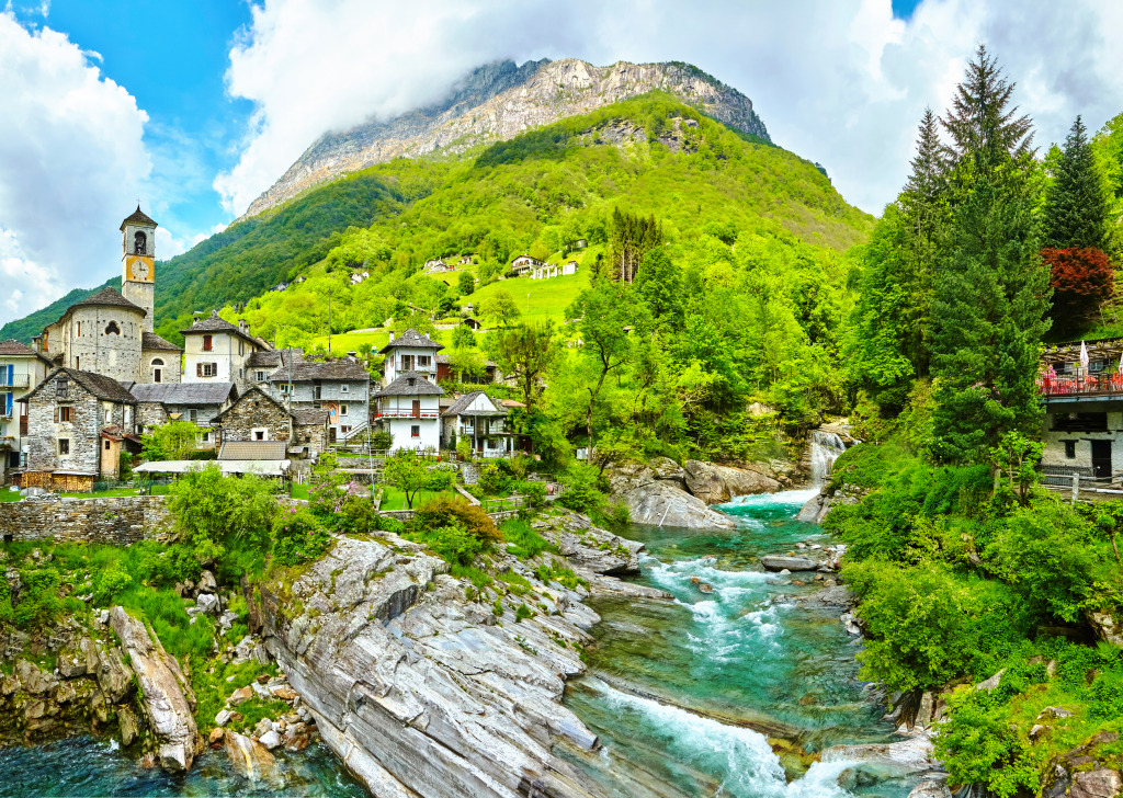 Lavertezzo Village in Switzerland jigsaw puzzle in Waterfalls puzzles on TheJigsawPuzzles.com