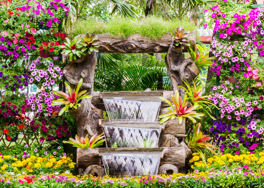 Flower Garden with a Waterfall jigsaw puzzle in Waterfalls puzzles on TheJigsawPuzzles.com