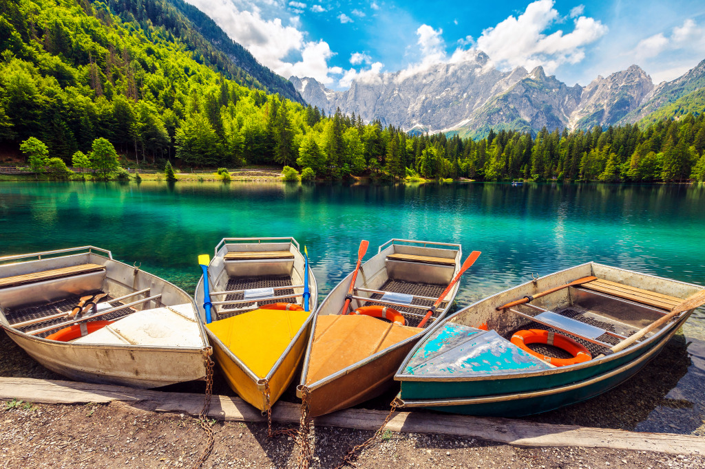 Mangart Mountains and Lake Fusine, Italy jigsaw puzzle in Puzzle of the Day puzzles on TheJigsawPuzzles.com