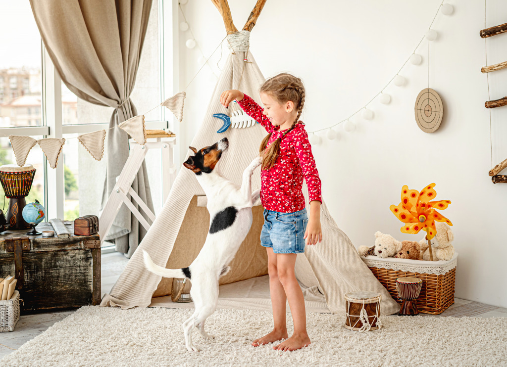 Girl Training a Fox Terrier Dog jigsaw puzzle in Animals puzzles on TheJigsawPuzzles.com